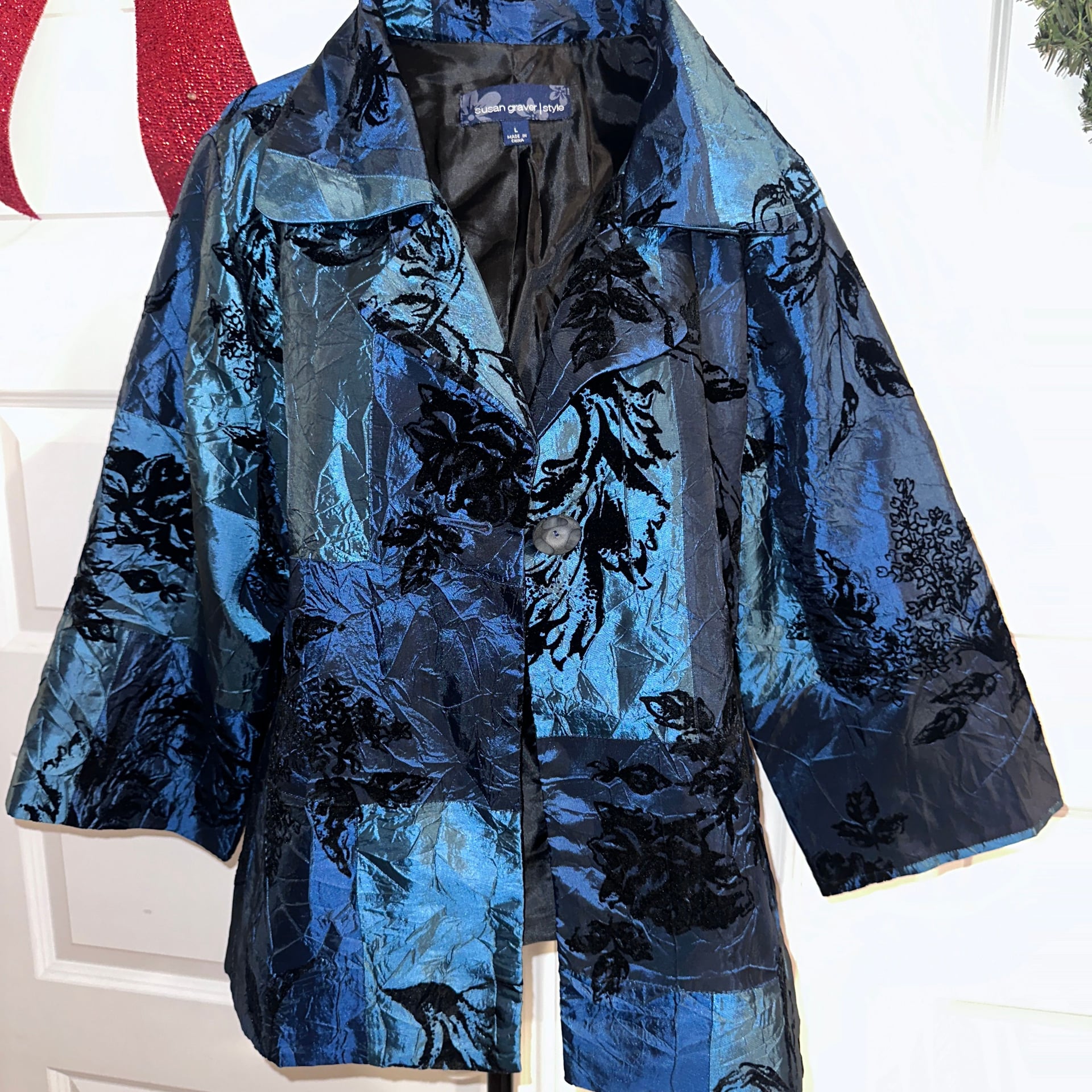 Susan Graver One Button Blue Taffeta Black Velvet Flocked Evening Blazer Jacket